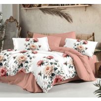 Lenjerie pat dublu Finet Bumbac 6 piese cu husa saltea 160x200 sau 180x200 cm, pilota 200x230 cm, 2 fete perna 50x70 si 70x70 cm, Alb / Roz Caramiziu, Pucioasa 