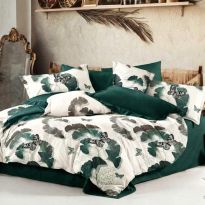 Lenjerie pat dublu Finet Bumbac 6 piese cu husa saltea 160x200 sau 180x200 cm, pilota 200x230 cm, 2 fete perna 50x70 si 70x70 cm, Verde / Negru, Pucioasa 