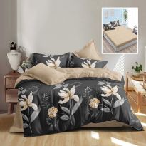 Lenjerie pat dublu Finet Bumbac 6 piese cu husa saltea 160x200 sau 180x200 cm, pilota 200x230 cm, 2 fete perna 50x70 si 70x70 cm, Bej-Negru, Pucioasa ELLA