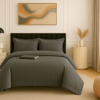 Lenjerie de pat dublu XXL Damasc Policoton dunga 1 cm, cearsaf pat 230x260 cm, pilota 200x230 cm, 4 piese Gri petrol IMP2, Pucioasa