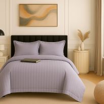 Lenjerie pat dublu XXL Damasc Policoton, cearsaf pat 230x260 cm, pilota 200x230 cm, 2 fete perne 50x70 cm, Mov Pudra