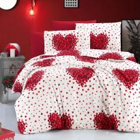 Lenjerie de pat dublu Bumbac Ranforce 4 piese cearsaf pat 240 x 260 cm, pilota 200x230 cm, 2 fete perne 50x70 cm, Inimioare, Alb / Rosu, Pucioasa