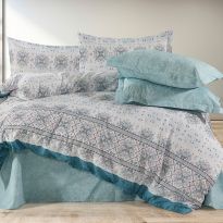 Lenjerie pat Bumbac Ranforce 4 piese cearsaf pat 240x260 cm, pilota 200x220 cm, 2 fete perne 50x70 cm, Bleu / Gri, Pucioasa