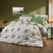 Lenjerie pat Bumbac Ranforce 4 piese cearsaf pat 240x260 cm, pilota 200x220 cm, 2 fete perne 50x70 cm, Crem / Verde, Pucioasa