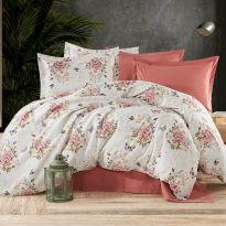 Lenjerie pat Bumbac Ranforce 4 piese cearsaf pat 240x260 cm, pilota 200x220 cm, 2 fete perne 50x70 cm, Crem / Portocaliu, Pucioasa