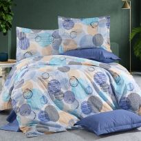 Lenjerie pat Bumbac Ranforce 4 piese cearsaf pat 240x260 cm, pilota 200x220 cm, 2 fete perne 50x70 cm, Galben / Albastru, Pucioasa