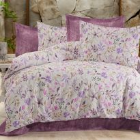 Lenjerie pat Bumbac Ranforce 4 piese cearsaf pat 240x260 cm, pilota 200x220 cm, 2 fete perne 50x70 cm, Roz / Lila, Pucioasa