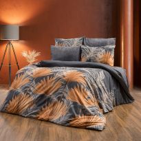 Lenjerie pat Bumbac Ranforce 4 piese cearsaf pat 240x260 cm, pilota 200x220 cm, 2 fete perne 50x70 cm, Portocaliu / Negru, Pucioasa