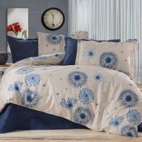 Lenjerie pat Bumbac Ranforce 4 piese cearsaf pat 240x260 cm, pilota 200x220 cm, 2 fete perne 50x70 cm, Bej Cappuccino / Albastru, Pucioasa