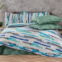 Lenjerie pat Bumbac Ranforce 4 piese cearsaf pat 240x260 cm, pilota 200x220 cm, 2 fete perne 50x70 cm, Verde / Albastru, Pucioasa