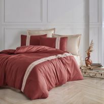 Lenjerie de pat dublu Bumbac Ranforce Boutique 4 piese, cearsaf pat 240x260 cm, pilota 200x220 cm, 2 fete perne 50x70 cm, Clasy Crem / Rosu OLEIN V2