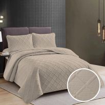 Cuvertura matlasata pat UNI 230x250 cm cu 2 fete perne 50x70 cm, model romb, Crem