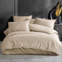 Lenjerie de pat o persoana Damasc linear Bumbac 100% tip Hotel cu dunga 1 cm, 3 piese, cearsaf pat 160x240 cm, cearsaf pilota 140x220 cm, fata perna 50x70 cm Bej Cappuccino