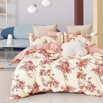 Lenjerie de pat o persoana Percalle imprimat Bumbac 100% 3 piese cearsaf pat 160x240 cm, pilota 150x220 cm, fata perna 50x70 cm, Crengute Roz / Crem, Pucioasa