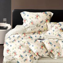 Lenjerie de pat o persoana Percalle imprimat Bumbac 100% 3 piese cearsaf pat 160x240 cm, pilota 150x220 cm, fata perna 50x70 cm,  Floricele colorate Bej, Pucioasa