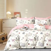 Lenjerie pat o persoana Percalle imprimat Bumbac 100%, 3 piese, cearsaf pat 160x240 cm, pilota 150x220 cm, fata perna 50x70 cm, Imprimeu animalute Alb / Roz, Pucioasa