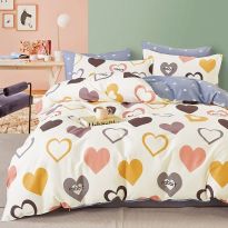 Lenjerie de pat o persoana Percalle imprimat Bumbac 100% 3 piese cearsaf pat 160x240 cm, pilota 150x220 cm, fata perna 50x70 cm, Inimioare Galben / Albastru, Pucioasa
