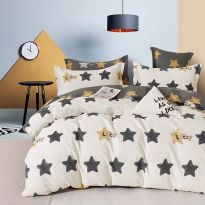 Lenjerie de pat o persoana Percalle imprimat Bumbac 100% 3 piese cearsaf pat 160x240 cm, pilota 150x220 cm, fata perna 50x70 cm, Stelute Bej / Gri, Pucioasa