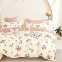 Lenjerie de pat o persoana Percalle imprimat Bumbac 100% 3 piese cearsaf pat 160x240 cm, pilota 150x220 cm, fata perna 50x70 cm, Flori Crem / Pudra, Pucioasa
