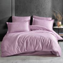 Lenjerie cu elastic la cearsaf de pat Damasc Bumbac 100% tip Hotel cu dunga 1 cm, 3 piese, pentru saltea 80x200 cm, cearsaf pilota 140x220 cm, fata perna 50x70 cm Lila