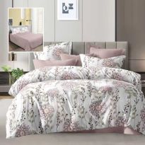 Lenjerie pat dublu Economy 4 piese, cearsaf pat 230x250 cm si pilota 200x230 cm, 2 fete perne 50x70, Imprimeu floral Roz Pudra ECN44