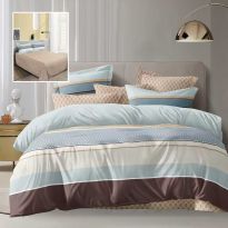 Lenjerie pat dublu Economy 4 piese, cearsaf pat 230x250 cm si pilota 200x230 cm, 2 fete perne 50x70, Moderna Bej / Bleu ECN47