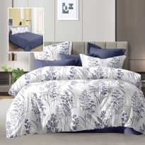 Lenjerie pat dublu Economy 4 piese, cearsaf pat 230x250 cm si pilota 200x230 cm, 2 fete perne 50x70, Pomi Alb / Albastru ECN51