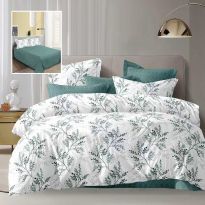 Lenjerie pat dublu Economy 4 piese, cearsaf pat 230x250 cm si pilota 200x230 cm, 2 fete perne 50x70, Frunze Alb / Verde ECN52