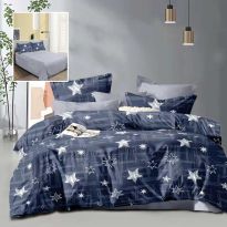 Lenjerie pat dublu Economy 4 piese, cearsaf pat 230x250 cm si pilota 200x230 cm, 2 fete perne 50x70, Peisaj nocturn Gri / Albastru ECN54