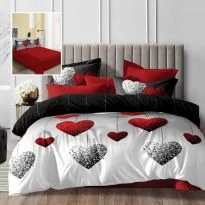 Lenjerie pat dublu Economy 4 piese, cearsaf pat 230x250 cm si pilota 200x230 cm, 2 fete perne 50x70, Inimioare Rosu / Negru ECN56