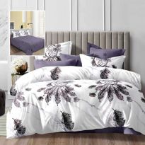 Lenjerie pat dublu Economy 4 piese, cearsaf pat 230x250 cm si pilota 200x230 cm, 2 fete perne 50x70, Pene Alb / Mov ECN57