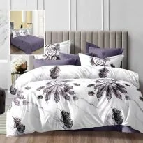 Lenjerie pat dublu Economy 4 piese, cearsaf pat 230x250 cm si pilota 200x230 cm, 2 fete perne 50x70, Pene Alb / Mov ECN57