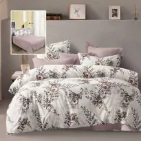 Lenjerie pat dublu Economy 4 piese, cearsaf pat 230x250 cm si pilota 200x230 cm, 2 fete perne 50x70, Ramuri cu flori Roz / Bej ECN58