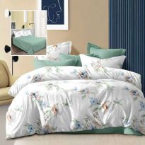 Lenjerie pat dublu Economy 4 piese, cearsaf pat 230x250 cm si pilota 200x230 cm, 2 fete perne 50x70, Flori Alb / Verde ECN59