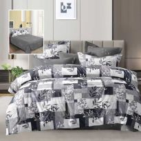 Lenjerie pat dublu Economy 4 piese, cearsaf pat 230x250 cm si pilota 200x230 cm, 2 fete perne 50x70, Frunzulite Alb / Gri ECN60