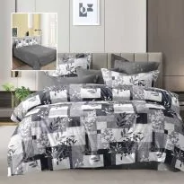 Lenjerie pat dublu Economy 4 piese, cearsaf pat 230x250 cm si pilota 200x230 cm, 2 fete perne 50x70, Frunzulite Alb / Gri ECN60