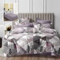 Lenjerie pat dublu Economy 4 piese, cearsaf pat 230x250 cm si pilota 200x230 cm, 2 fete perne 50x70, Moderna Mov / Gri ECN63