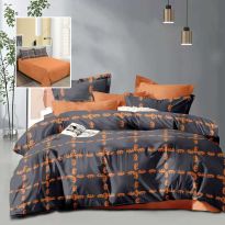 Lenjerie pat dublu Economy 4 piese, cearsaf pat 230x250 cm si pilota 200x230 cm, 2 fete perne 50x70, Eleganta Portocaliu / Negru ECN65