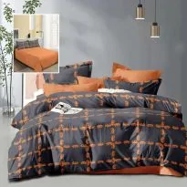 Lenjerie pat dublu Economy 4 piese, cearsaf pat 230x250 cm si pilota 200x230 cm, 2 fete perne 50x70, Eleganta Portocaliu / Negru ECN65