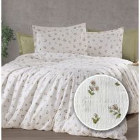 Lenjerie pat Creponata 100% Bumbac, cearsaf pat 160x240 cm, pilota 140x210 cm, fata perna 50x70 cm, Crem/Verde, Pucioasa CREP70