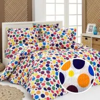 Lenjerie pat dublu extra large Creponata 100% Bumbac, cearsaf pat 240x260 cm, pilota 200x230 cm, 2 fete perna 50x70 cm, Buline colorate, Pucioasa