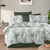 Lenjerie pat dublu extra large Creponata 100% Bumbac, cearsaf pat 240x260 cm, pilota 200x230 cm, 2 fete perna 50x70 cm, Alb Verde Închis, Pucioasa