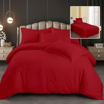Lenjerie pat dublu 6 piese Damasc Policoton, cearsaf pat 230x250 cm, pilota 200x230 cm, fete perne 50x70 cm si 70x70 cm, dunga 1 cm Roșu (6DP77) 