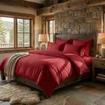 Lenjerie pat dublu 6 piese Damasc Policoton, cearsaf pat 230x250 cm, pilota 200x230 cm, fete perne 50x70 cm si 70x70 cm, dunga 1 cm Roșu