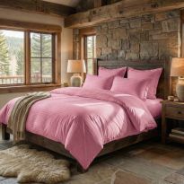 Lenjerie pat dublu 6 piese Damasc Policoton, cearsaf pat 230x250 cm, pilota 200x230 cm, fete perne 50x70 cm si 70x70 cm, dunga 1 cm Roz (6DP35) 