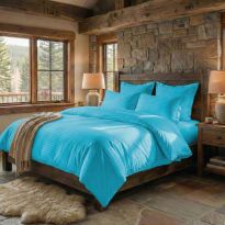 Lenjerie pat dublu 6 piese Damasc Policoton, cearsaf pat 230x250 cm, pilota 200x230 cm, fete perne 50x70 cm si 70x70 cm, dunga 1 cm Turcoaz (6DP42) 