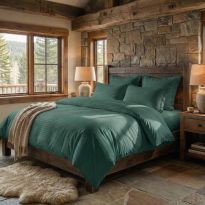 Lenjerie pat dublu 6 piese Damasc Policoton, cearsaf pat 230x250 cm, pilota 200x230 cm, fete perne 50x70 cm si 70x70 cm, dunga 1 cm Verde