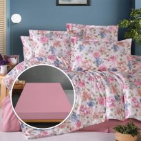 Lenjerie pat Ranforce Bumbac 100% cu husa pentru saltea de 140/160cm x 200cm, pilota 200x230 cm, 2 fete perne 50x70 cm, Crem / Roz, Pucioasa