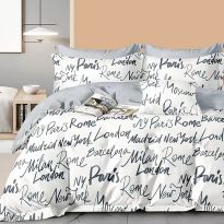 Lenjerie pat dublu 6 piese Percale Bumbac 100%, 6 piese, cu husa saltea 160x200 sau 180x200 cm, pilota 200x230 cm, 2 fete perna 50x70 cm si 70x70 cm, Capitalele lumii Alb/Gri, Pucioasa