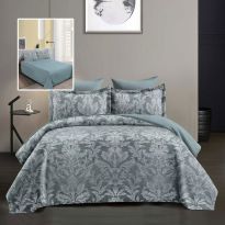 Lenjerie pat dublu Jacquard 6 piese, cearșaf pat 230x250 cm, pilotă 200x230 cm, 2 fețe perne 50x70 și 70x70 cm, Clasy, Bleu